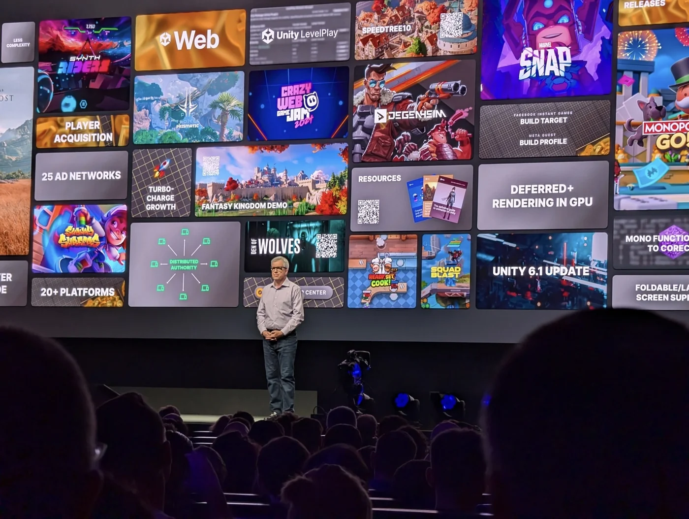 On stage at the Unite 2024 keynote in Barcelona, presenting to hundreds of game developers and industry members.